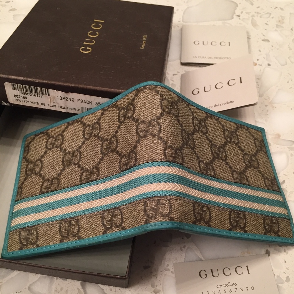 Gucci Monogram Canvas GG Logo Blue Trim Wallet